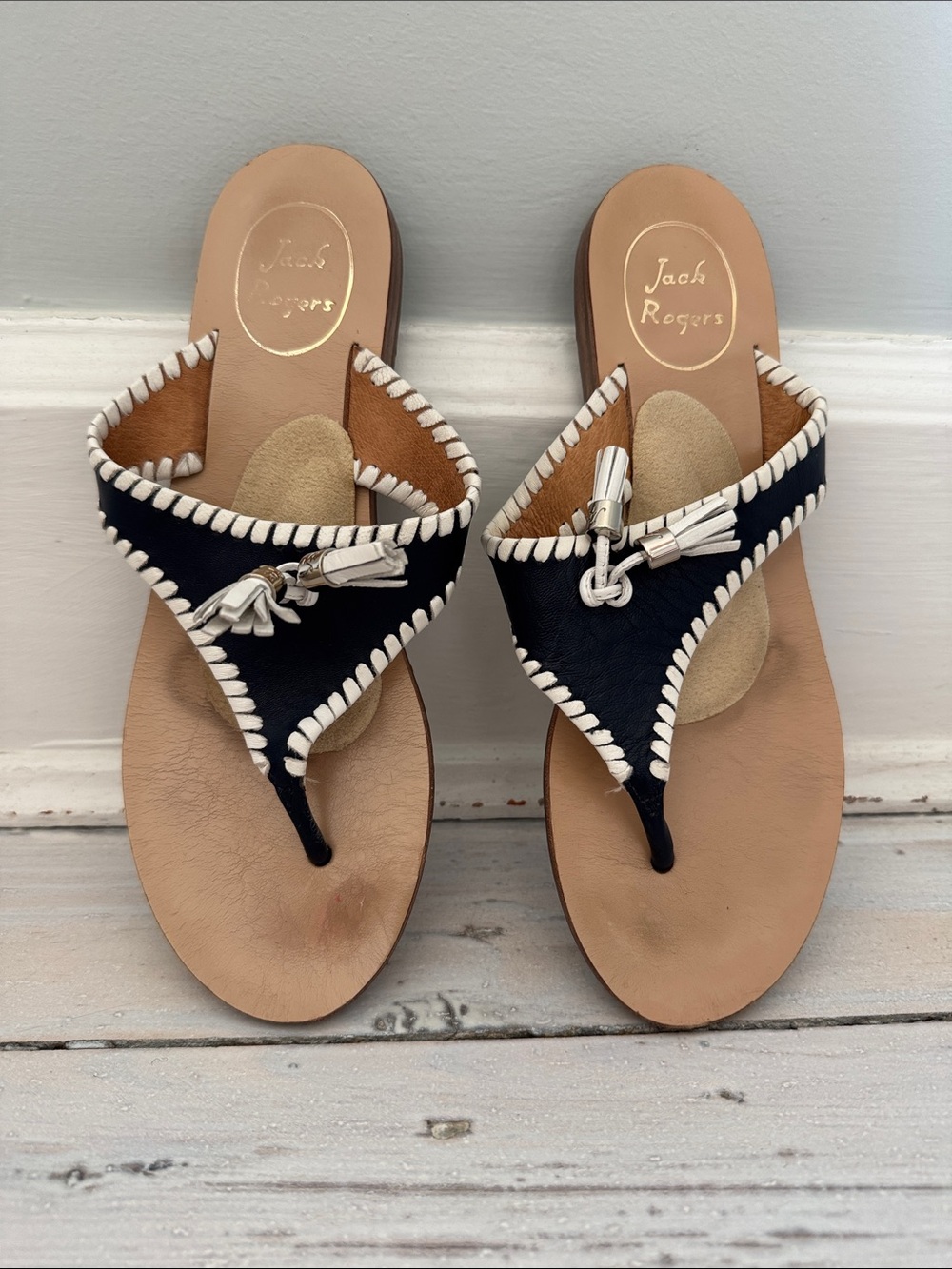 Jack Rogers Navy Leather Tassel Thong Sandals with White Whipstitch